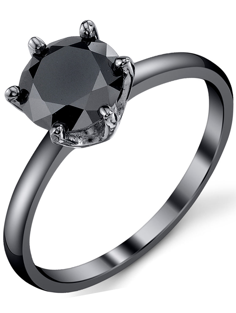 Women's Black Sterling Silver 925 Solitaire Engagement Wedding Ring 1.25 Carat Round Black Cubic Zirconia