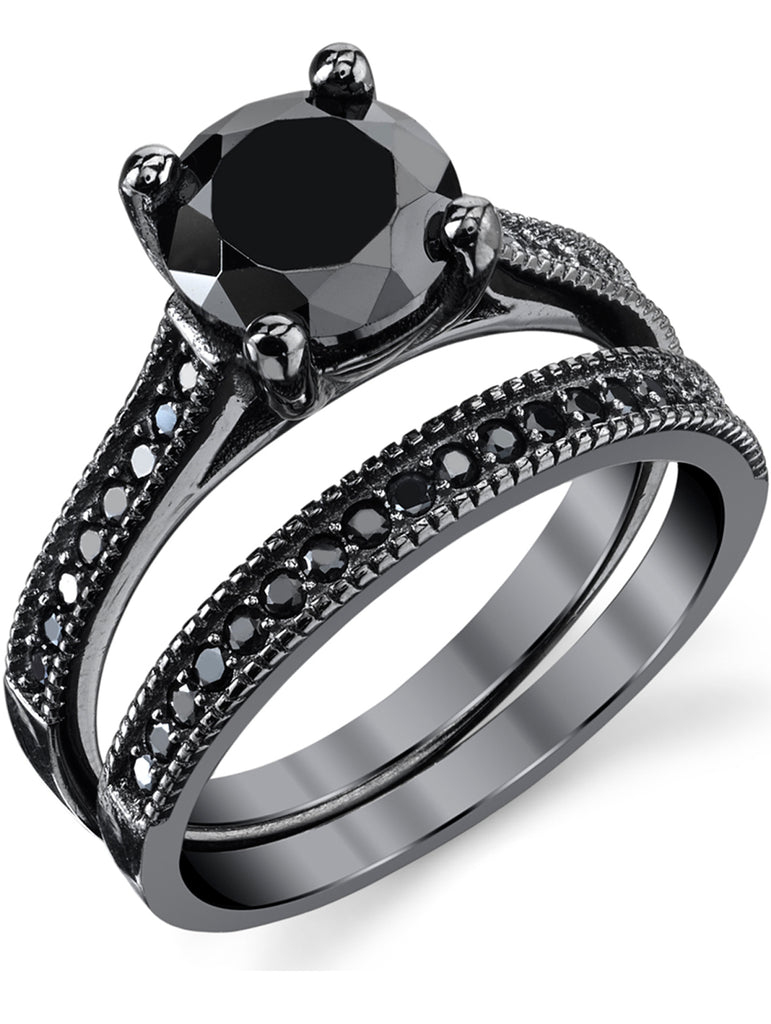 Women's Black Sterling Silver 1.25 Carat Round Black Cubic Zirconia Engagement Wedding Ring Bridal Set