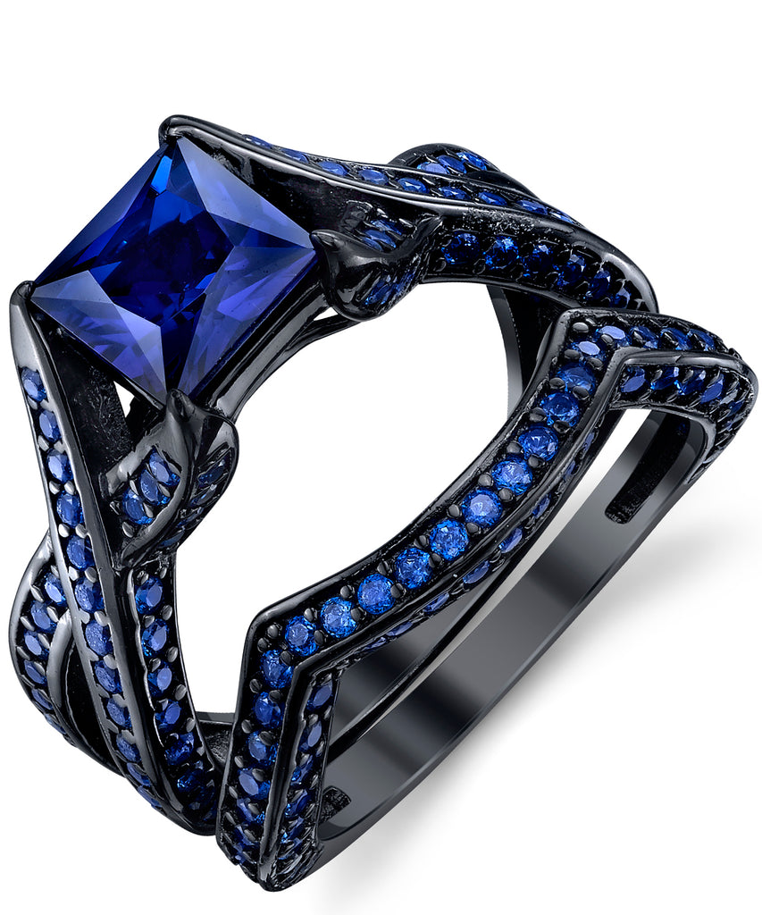 Black Sterling Silver 925 Simulated Sapphire 2 Carat Princess Cut Cubic Zirconia Wedding Engagement Ring Bridal Sets