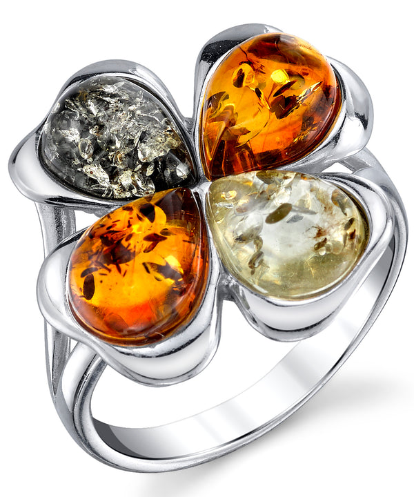 Women's Sterling Silver Baltic Amber Clover Leaf Ring Honey Cognac Olive Colors 5-9