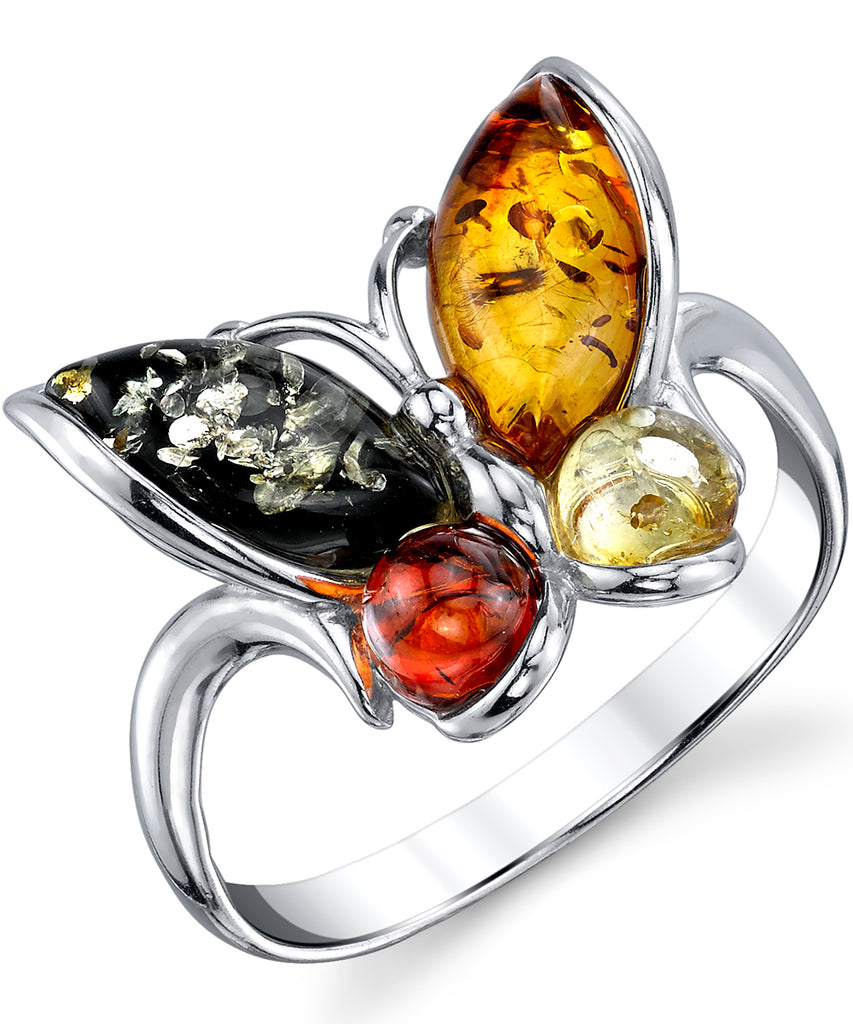 Women's Sterling Silver Baltic AmberButterfly Ring Cherry Honey Cognac Olive Colors Sizes 5 -9