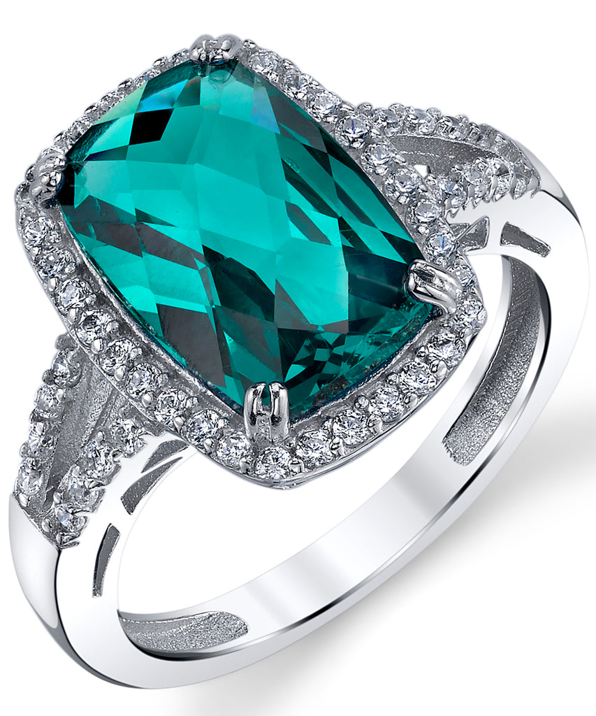Women's Colombian Green Simulated Emerald 4 Carat Cushion-Cut Cubic Zirconia Sterling Silver Engagement Ring
