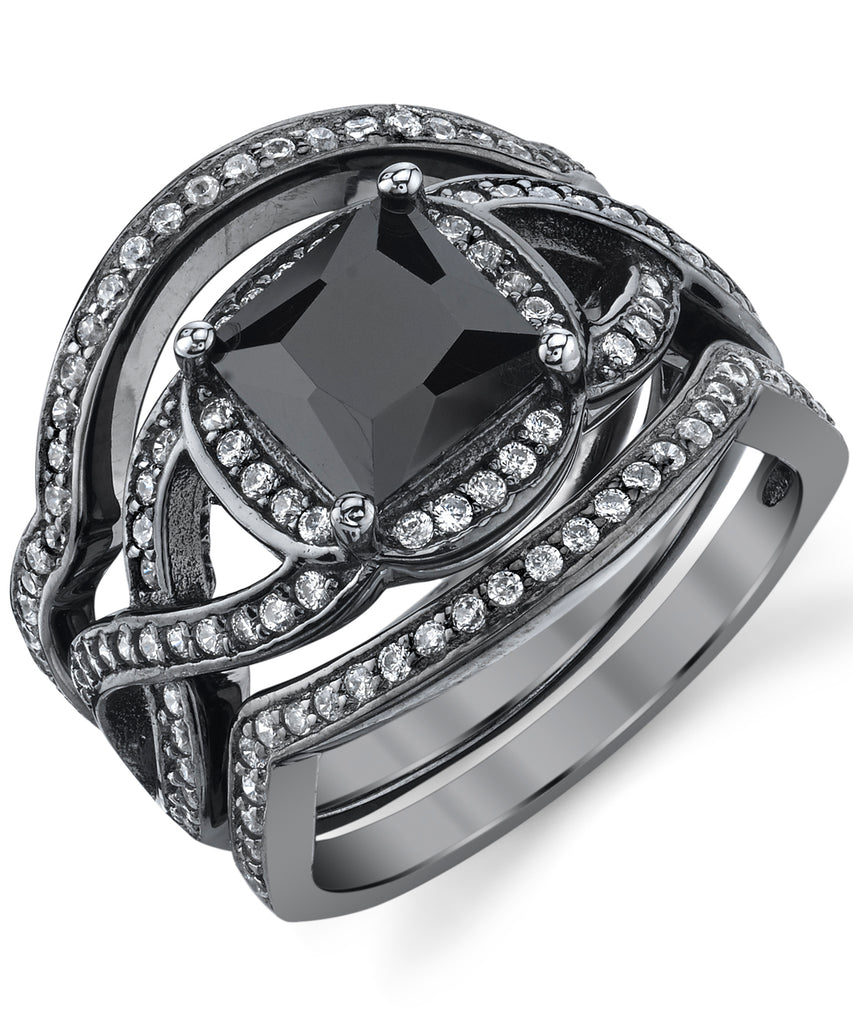 Women's Black Rhodium Plated Sterling Silver Engagement Ring Bands Bridal set 2 Carat Black Princess Cut Cubic Zirconia