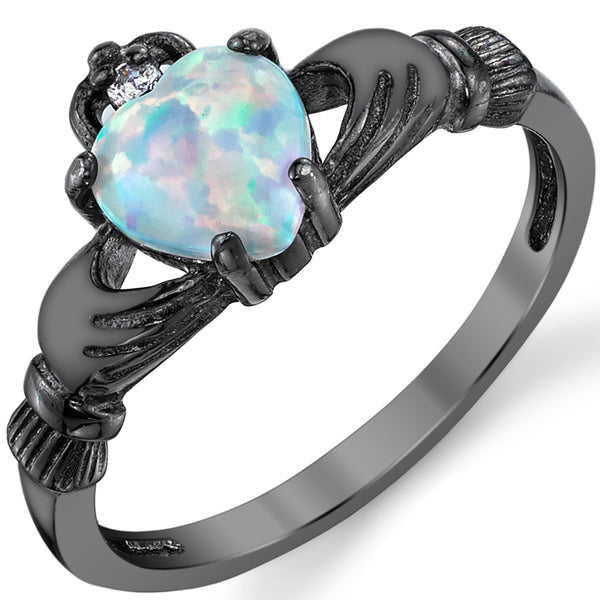 Black Rhodium Plated Solid Sterling Silver Irish Claddagh Engagement Ring with .75 Carat White Fire Simulated Opal Heart