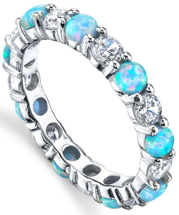 Women's Sterling Silver 925 Baby Blue Pink Fire Created Opal Cubic Zirconia Eternity Ring Wedding 3.5MM