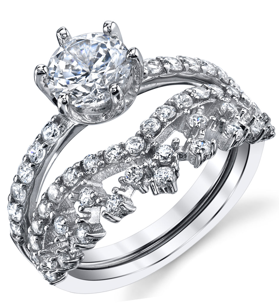 Sterling Silver Crown Tiara Engagement Ring Bridal Set With Cubic Zirconia