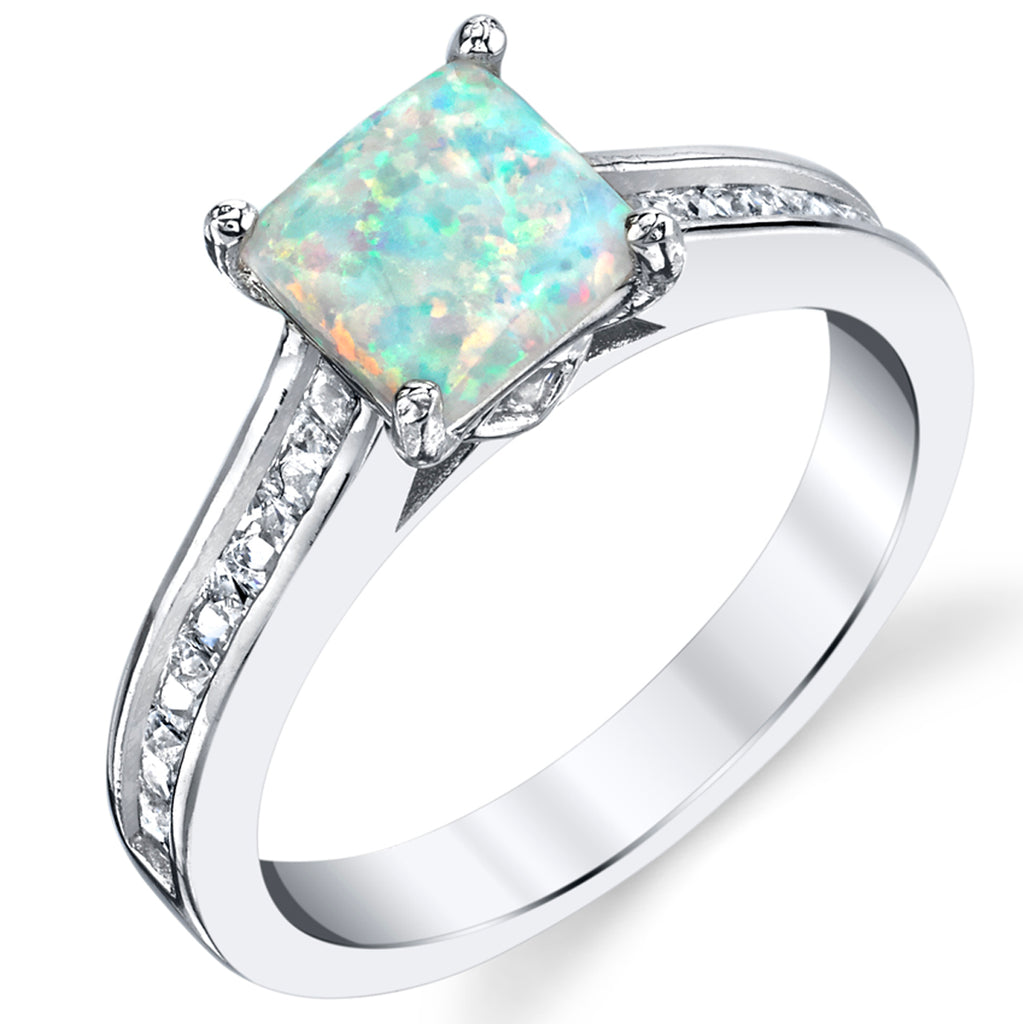 Women's Sterling Silver 925 White Fire Created Opal Cubic Zirconia Engagement Ring Wedding Band