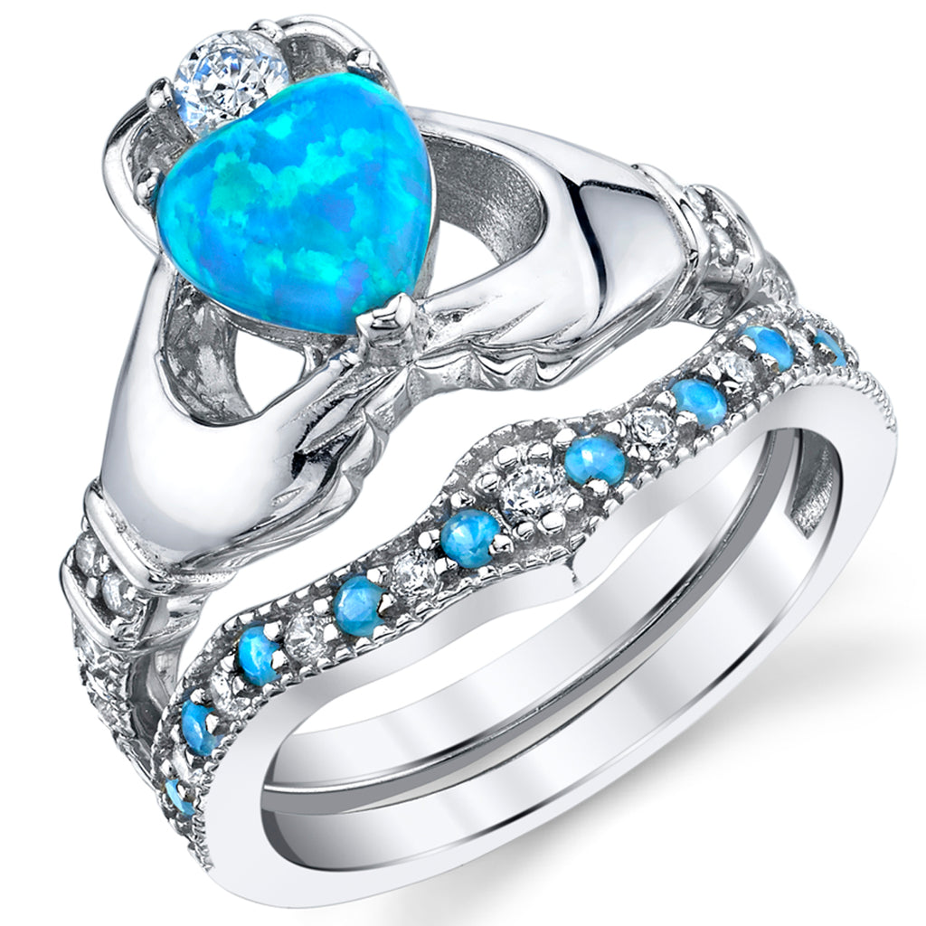 Women's Sterling Silver 925 Heart Shape Claddagh Engagement Ring Wedding Bridal Sets Blue Simulated Opal