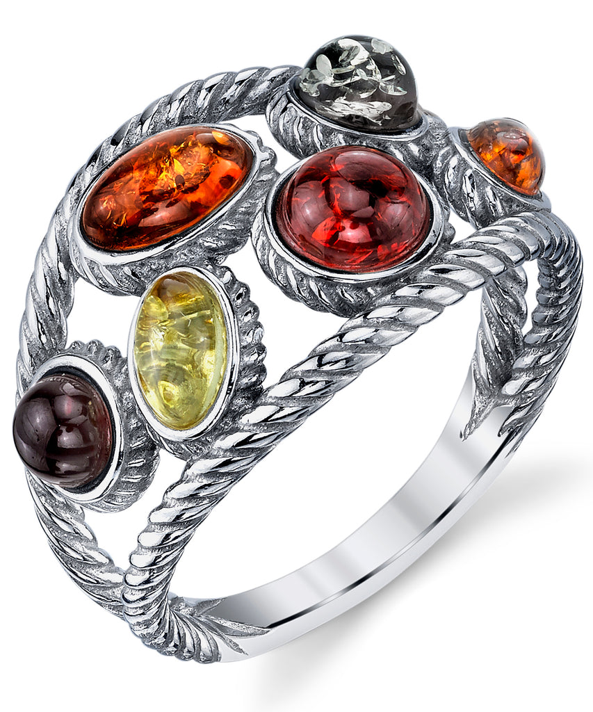 Women's Braided Sterling Silver Baltic Amber Ring b Cabochon Cherry Honey Olive Cognac