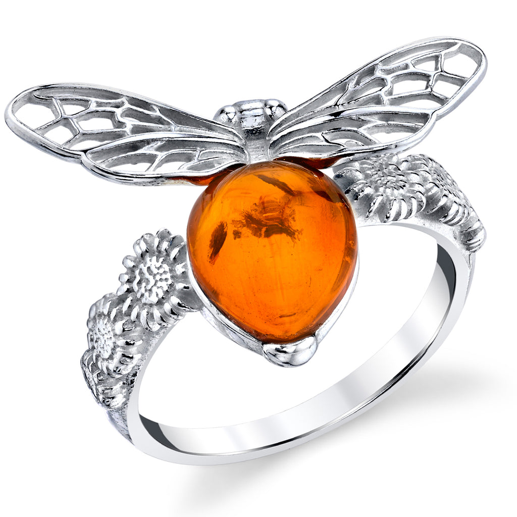 Women's Sterling Silver 925 Honey Bee Ring with Baltic Amber Cabochon