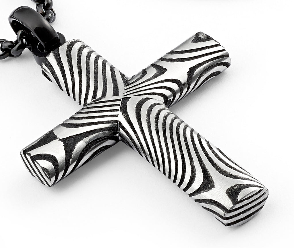 Black Oxidized Damascus Steel Cross Pendant Necklace Black 24"