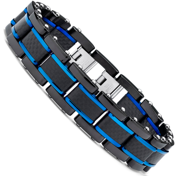 Mens Black Blue Stainless Steel Bracelet Pure Carbon Fiber Links 8.25" Resizable