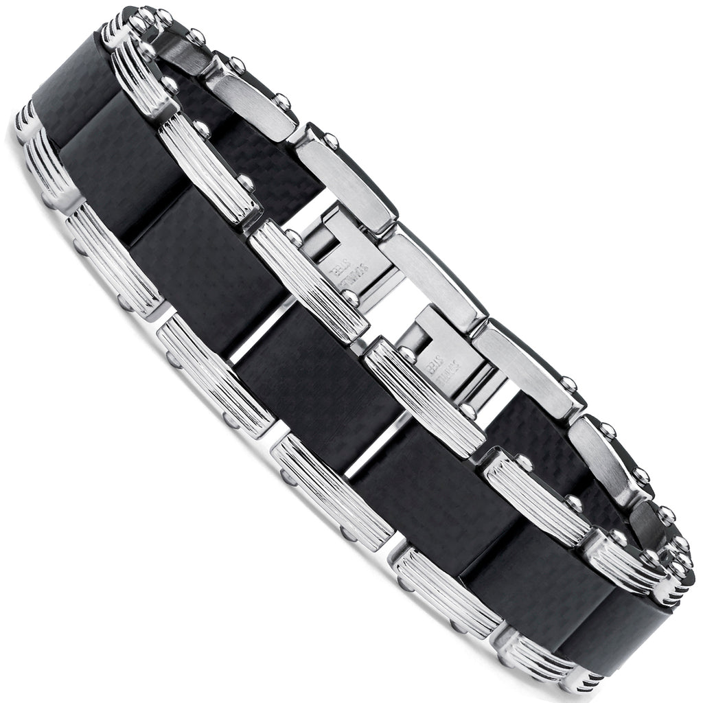 Men's Two Tone Black Stainless Steel Bracelet with Pure Solid Carbon Fiber links 8.25" Can be sized down