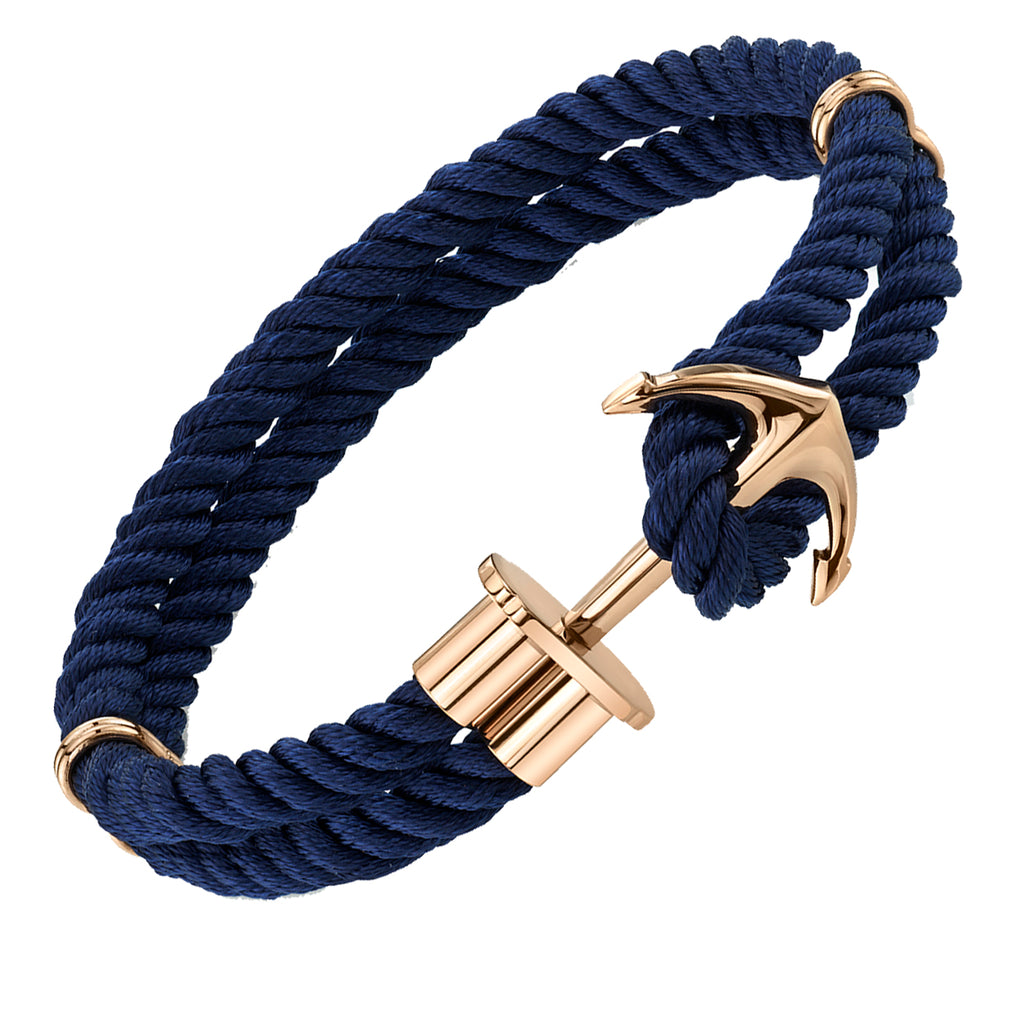 Men's Rose Gold Tone Stainless Steel Anchor Bracelet Navy Blue Silk Cord 8.5"
