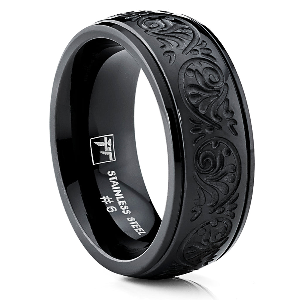 Men's 7MM BLACK Stainless Steel Ring With Engraved Florentine Design Sizes 6 to 12