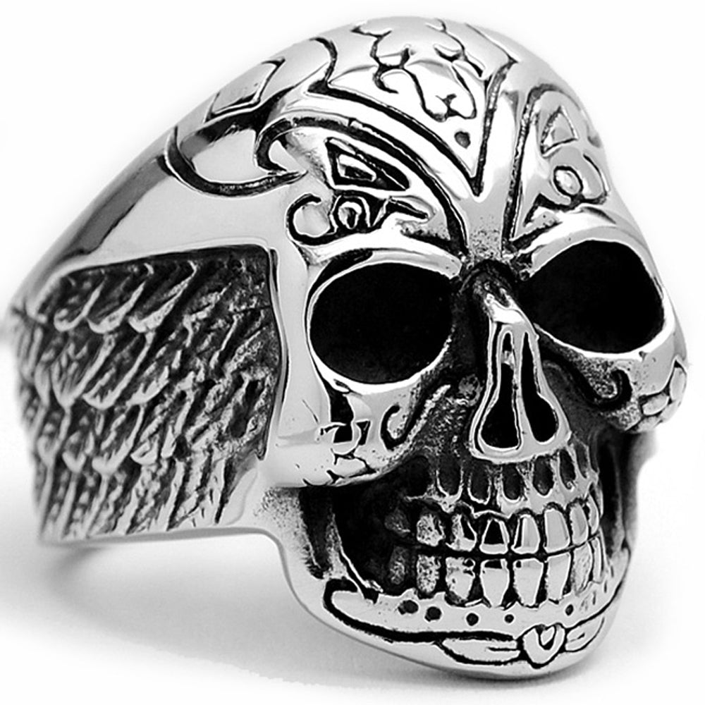 Men's Stainless Steel Casted Tribal Skull Halloween Biker Ring with Wings Sizes 9 to 14