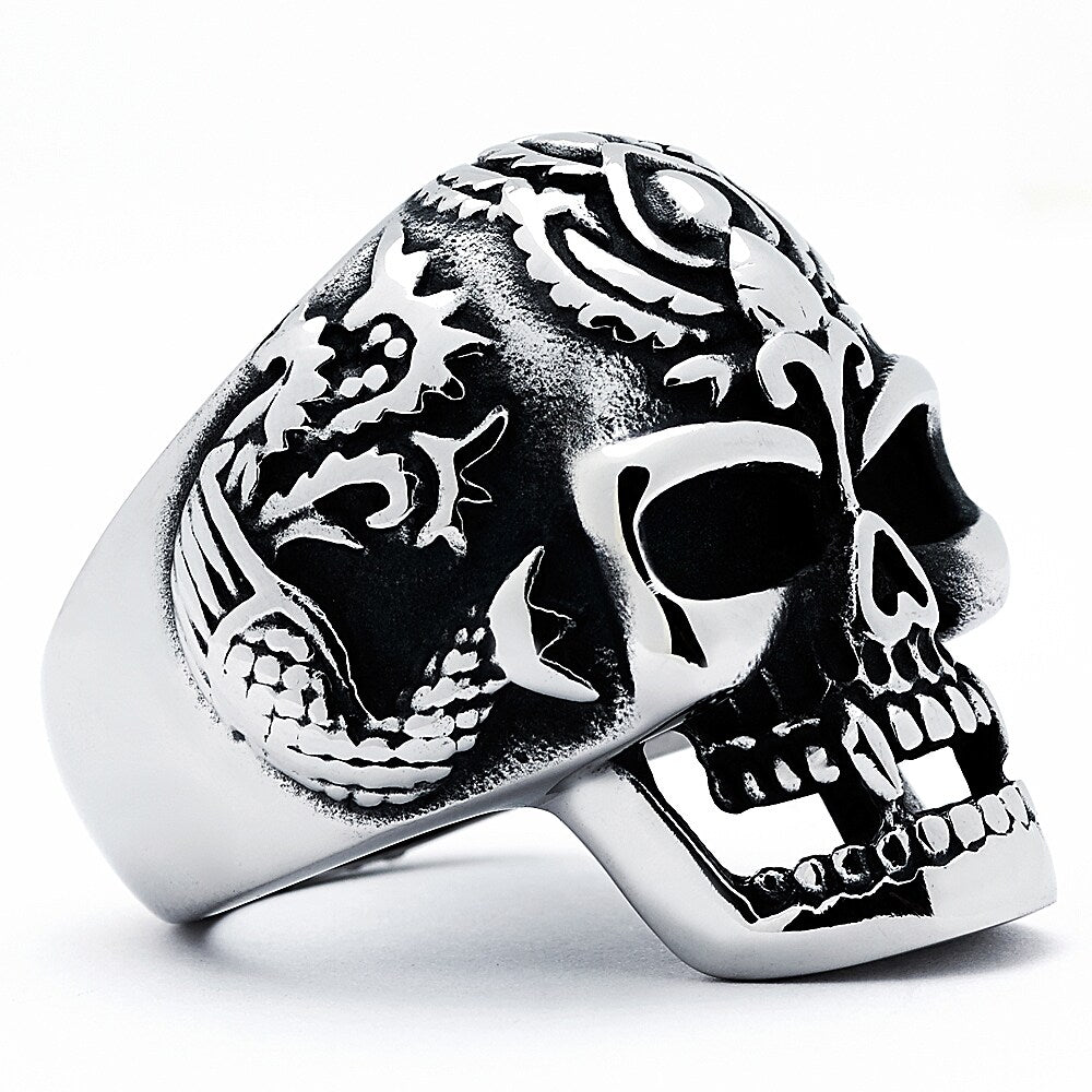 Stainless Steel Indian Chief Black Gem Eyes Men Skull Biker Ring Sizes