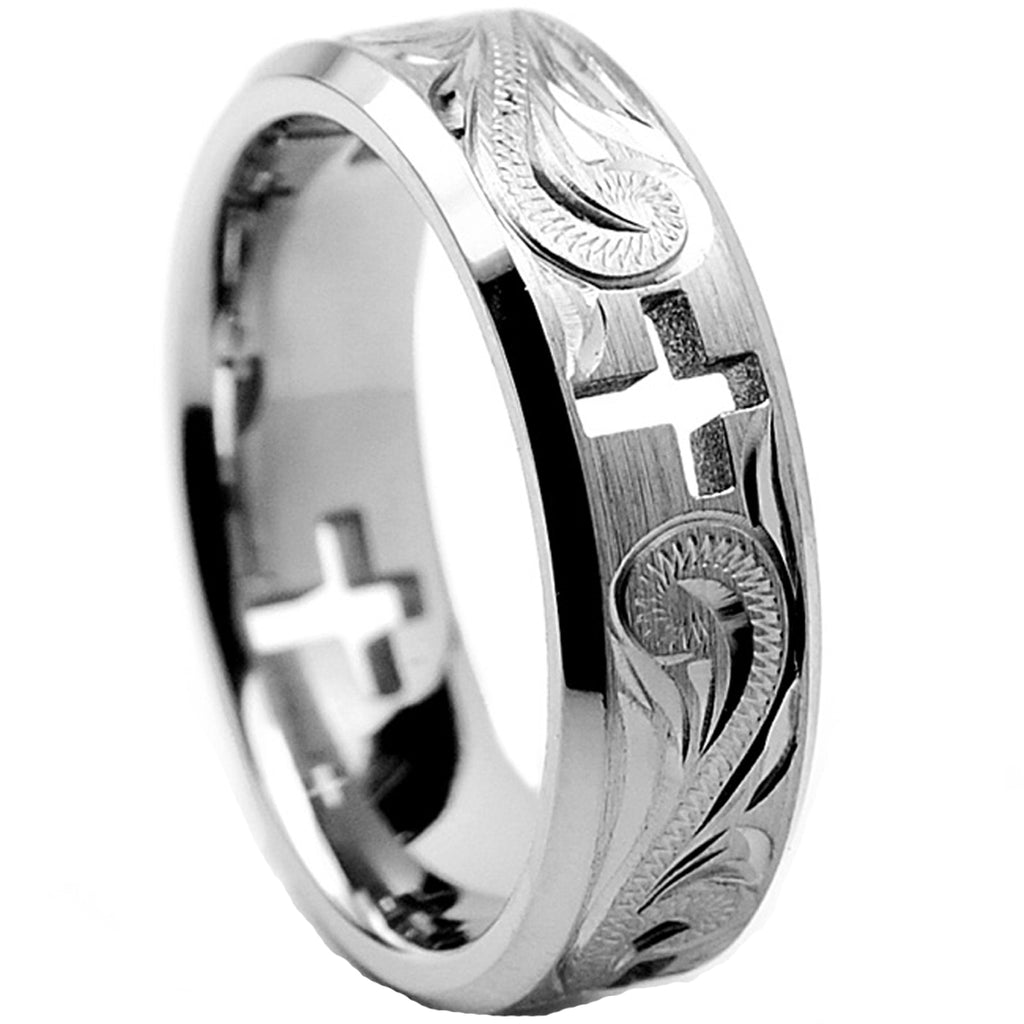 Men's 7MM Titanium Ring Wedding Band With Cross Cut Out and Engraved Floral Design Sizes 6 to 13