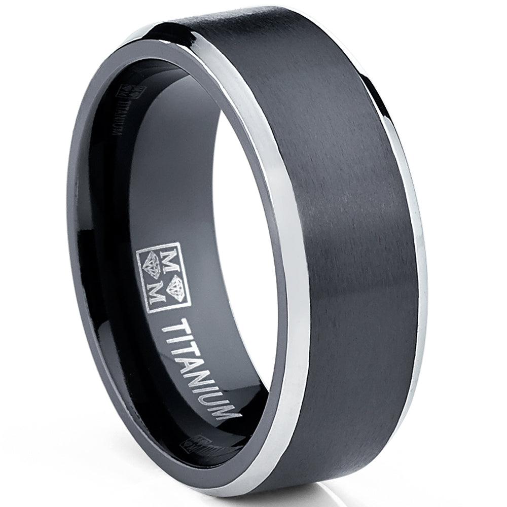 Men's Flat Top Black Two Tone Titanium Wedding Band Engagement Ring, 8mm Sizes 7 to 13