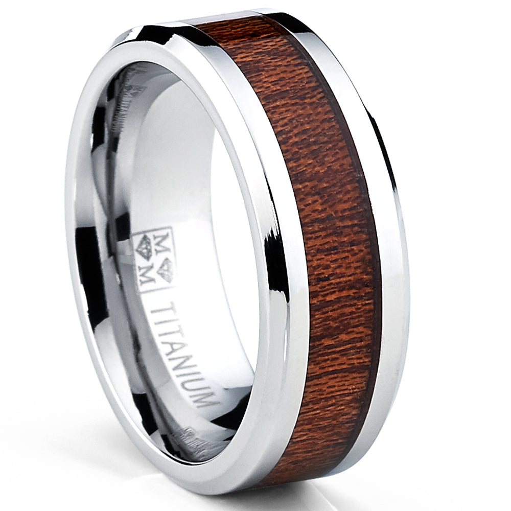 Men's Titanium Ring, Wood Inlaid Wedding Band, Sizes 7 to 13