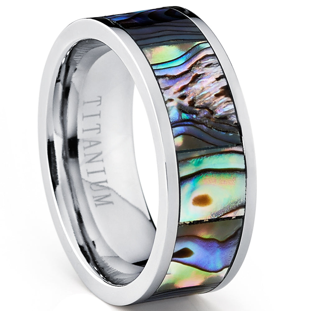 Men's Pipe Cut Titanium Ring Band With Rainbow Rippled Abalone Inlay, Comfort Fit 8mm Sizes 7 to 12