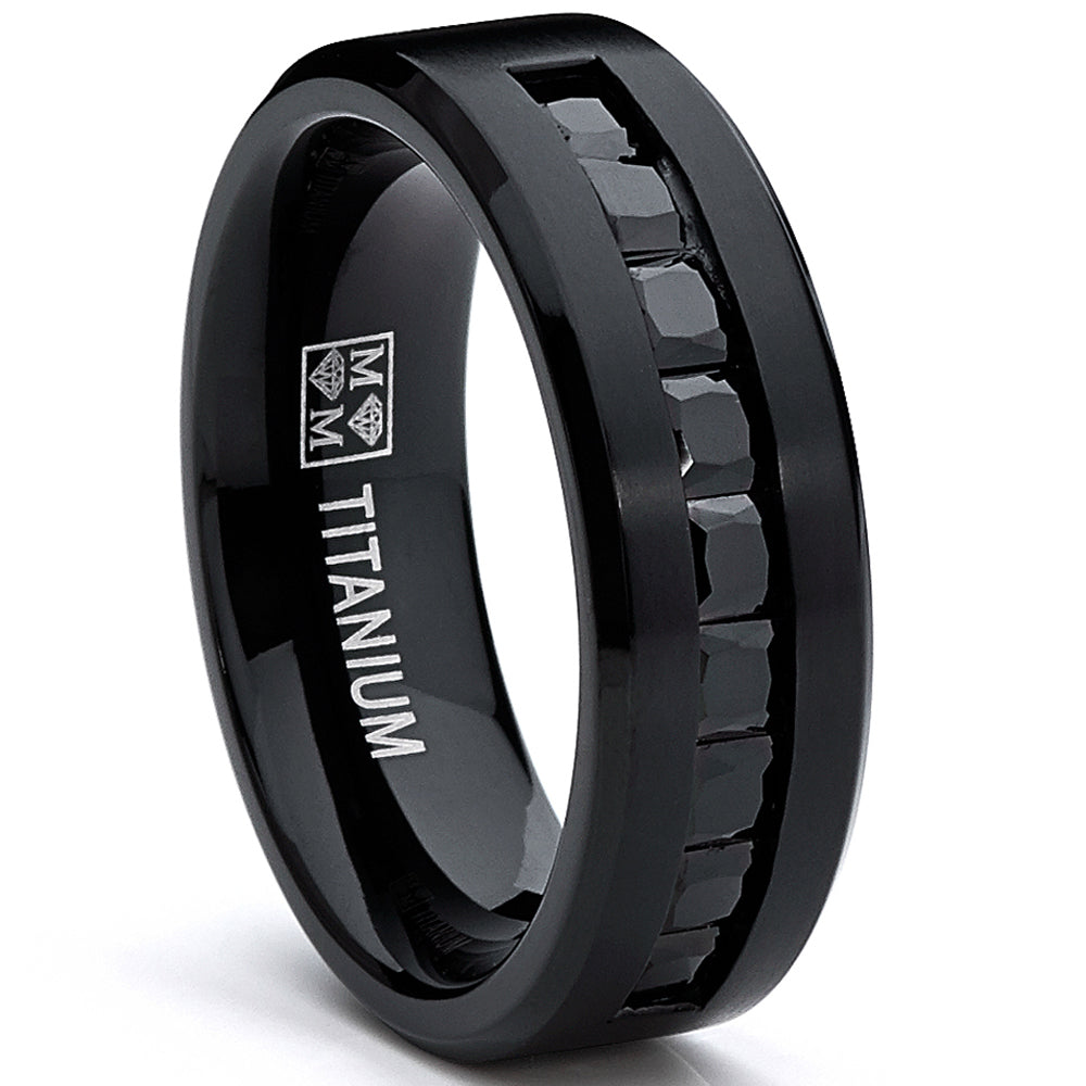 Men's Black Titanium Ring Wedding Engagement Band With 9 Large Princess Cut Channel Set Black CZ, 8mm Sizes 7-13