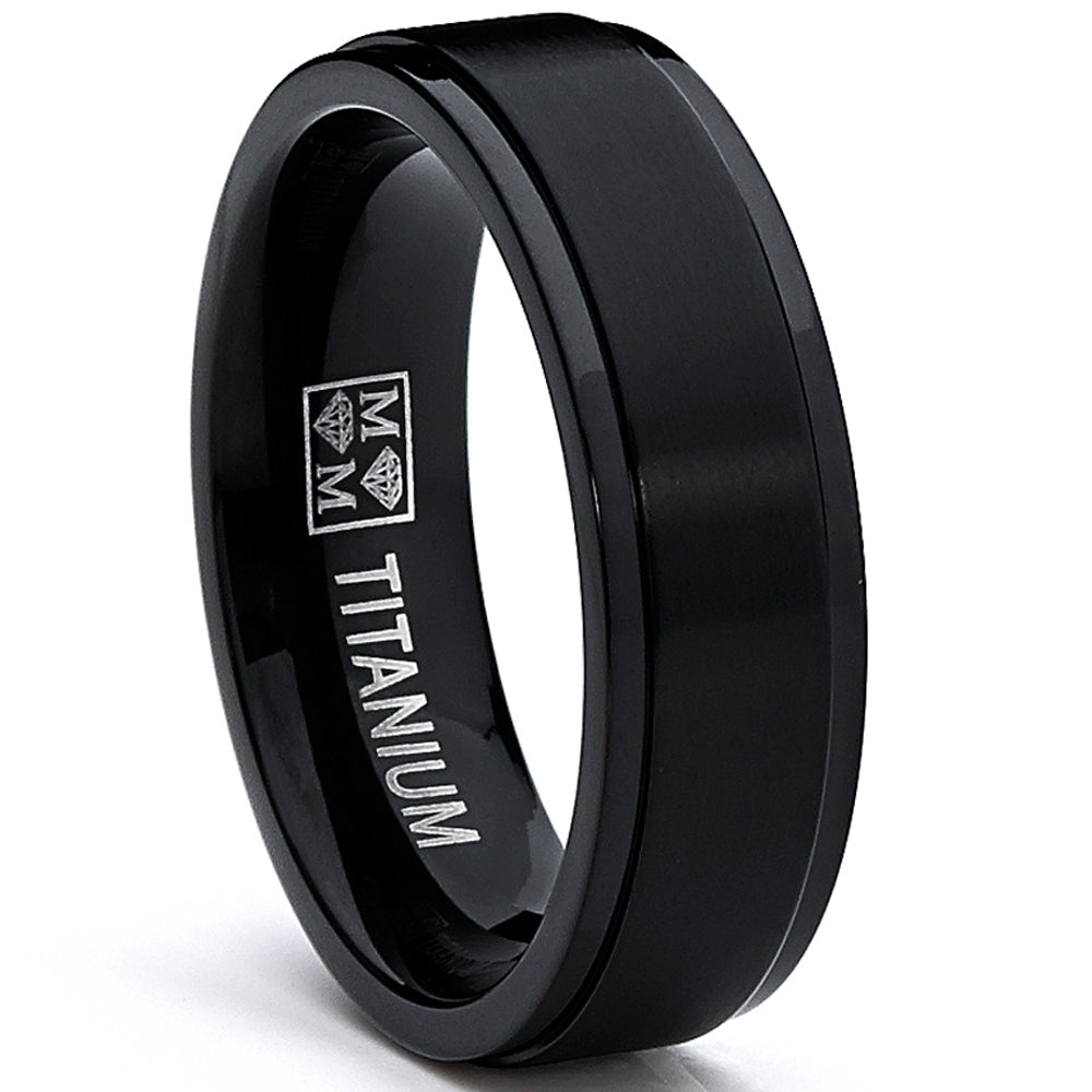 Men's Black Titanium Ring Engagement Band with Raised Brushed Finish center, Comfort fit 6mm, Sizes 7 to 13