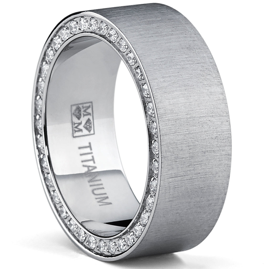 Titanium Men's Brushed Wedding Band Ring with Cubic Zirconia, Two Row Pave Set Eternity Ring