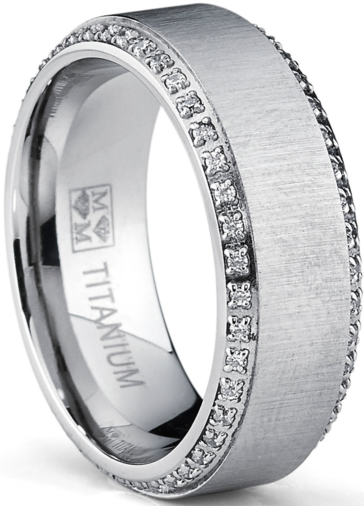 Titanium Men's  Brushed Wedding Band Ring with Cubic Zirconia, Two Row Eternity Ring, 8mm