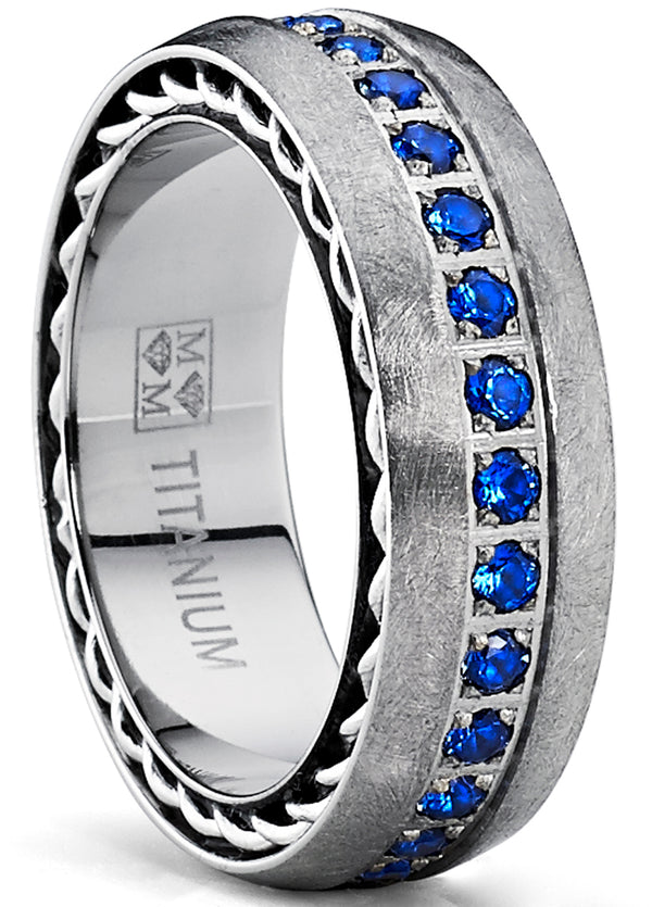 Men's Brushed Titanium Wedding Band Ring With Stainless Cable Inlay and Blue Cubic Zirconia CZ