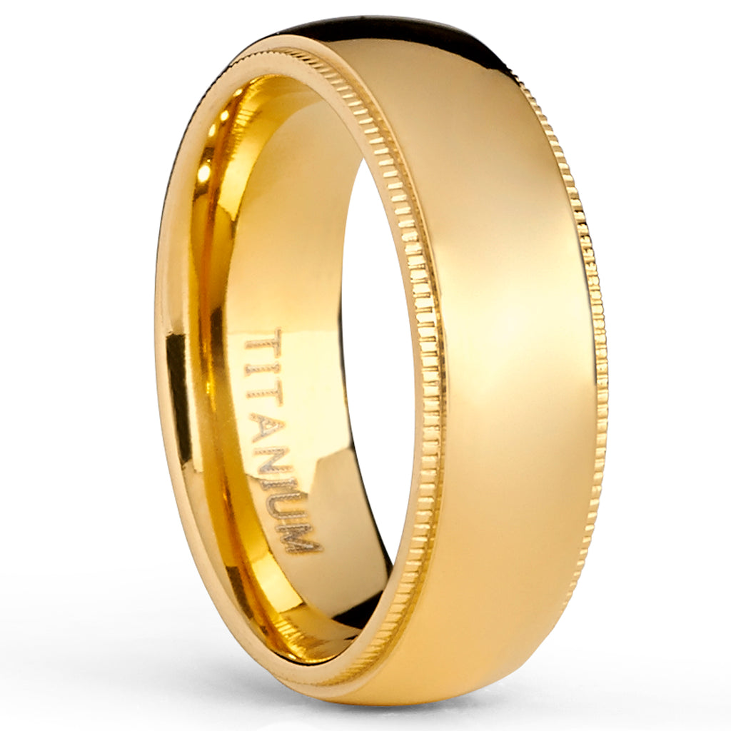 Goldtone Titanium Wedding Band Engagement Ring, Milgrain Edges Comfort Fit, 7mm
