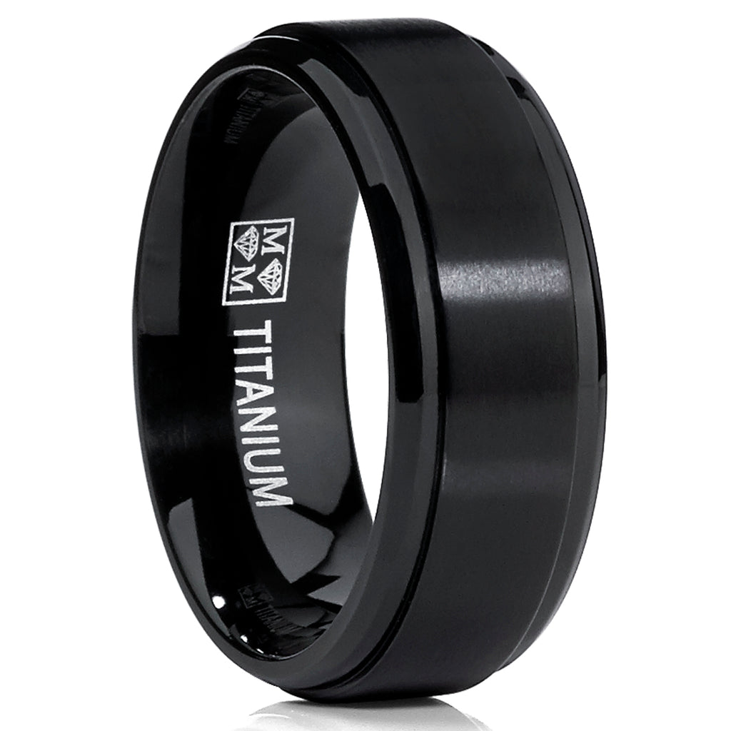 8MM Black Matte Finish Men's Titanium Ring Wedding Band, Beveled Edges Sizes 7 to 13