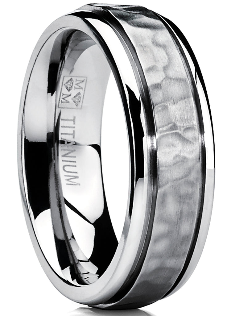 Hammered Men's Titanium Wedding Band Engagement Ring 7mm Comfort Fit