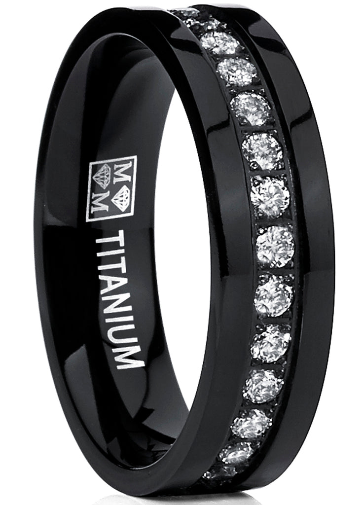 Men's Black High Polish Titanium Eternity Ring Band Cubic Zirconia 6mm Comfort Fit Size 12