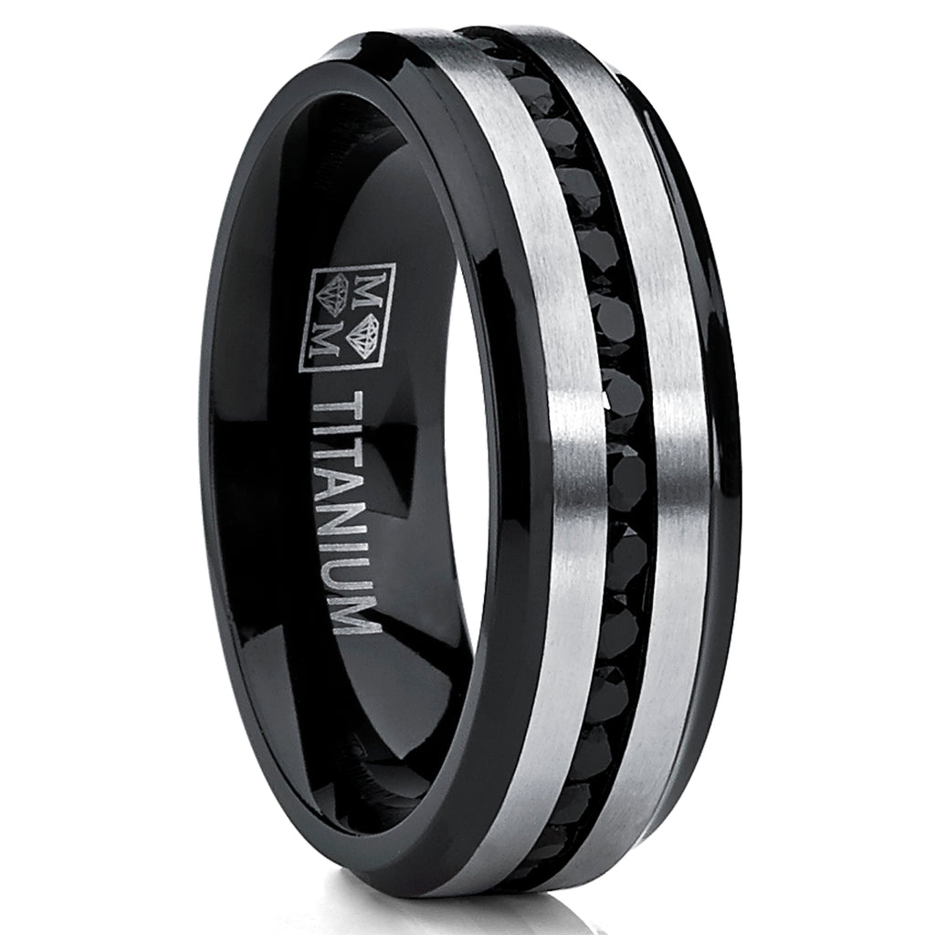 Two Tone Black Titanium Men's Eternity Engagement Wedding Band Ring W/ Black Cubic Zirconia 7mm