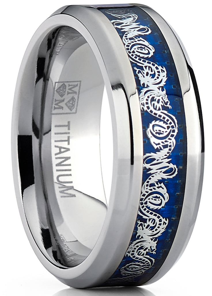 8MM Men's Titanium Wedding Band Ring With Dragon Design Over Blue Carbon Fiber Inlay