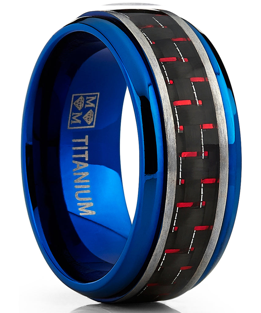 Men's Brushed Blue Titanium Wedding Bands Ring With Black and Red Carbon Fiber Inlay, 9mm Comfort Fit