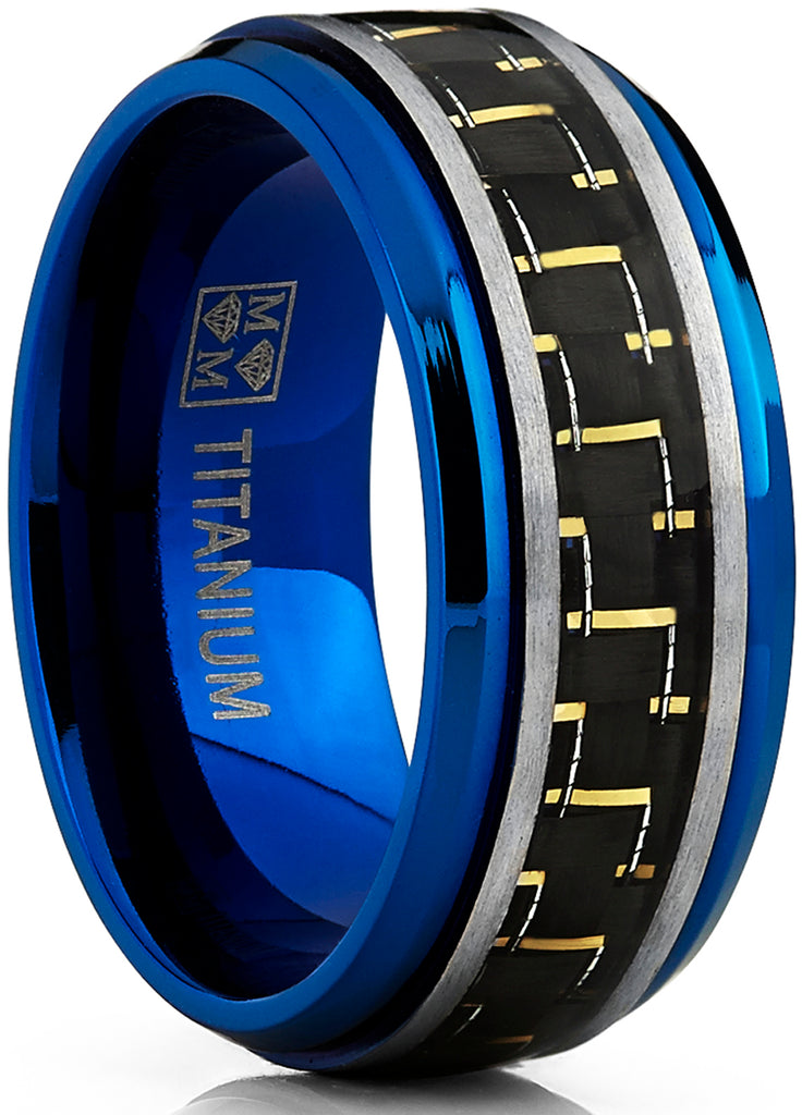 Men's Brushed Blue Titanium Wedding Bands Ring With Black and Yellow Carbon Fiber Inlay, 9mm Comfort Fit