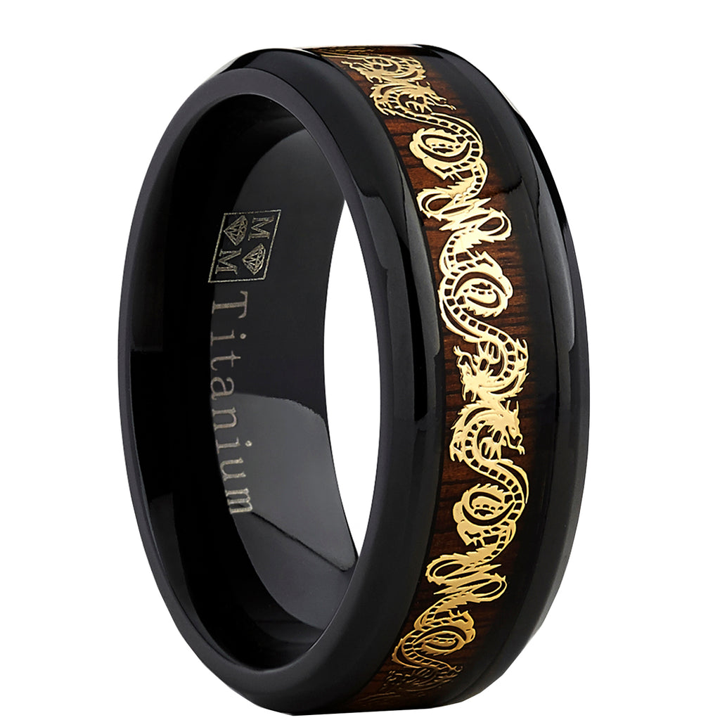 Men's Black Titanium Wedding Band Ring With Goldtone Dragon Inlay Over Real Wood