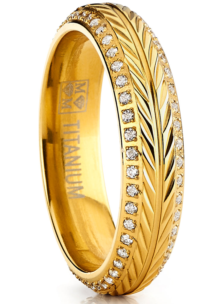 Women's Goldtone Titanium Ring Crested Wheat Stem Engraving Double Row Eternity Cubic Zirconia