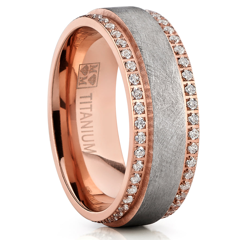 Men's Rose Plated Textured Brushed Finished Titanium Eternity Wedding Ring Band With Cubic Zirconia