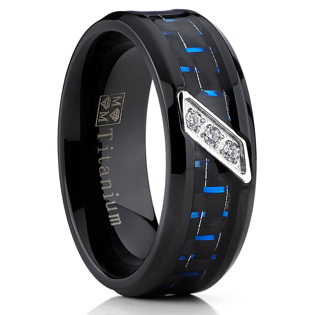 Men's Black Titanium Wedding Band Ring with Black and Blue Carbon Fiber inlay, 3 Cubic Zirconia, Comfort fit 8mm