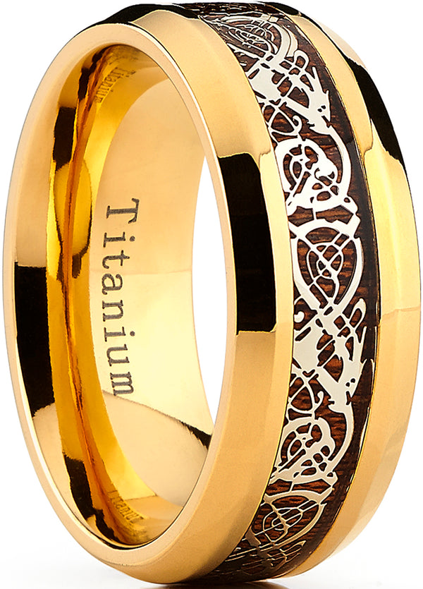 Men's 9MM Goldtone Titanium Ring Band with Dragon Design Over Real Wood Inlay, Comfort Fit Sizes 7 to 15
