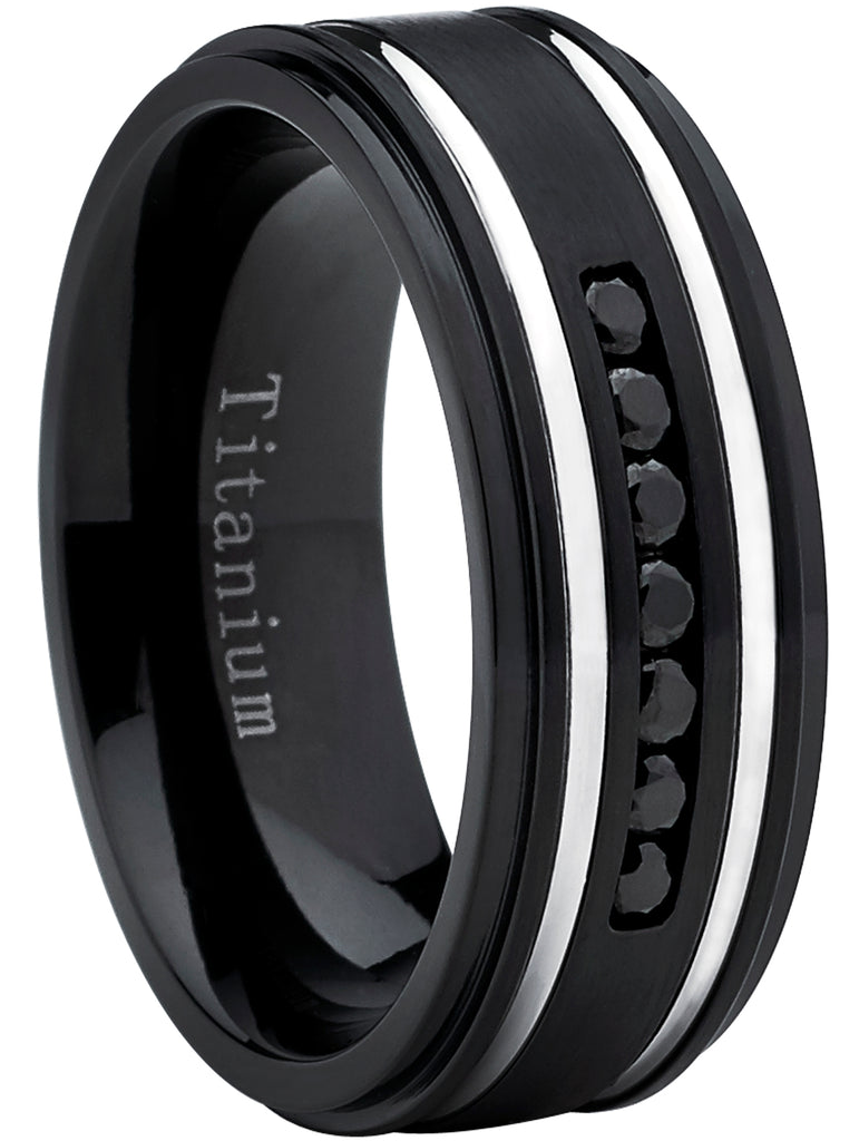Men's Black Titanium Ring Wedding Band With Two Grooves and 7 Black Round Cut Cubic Zirconia CZ