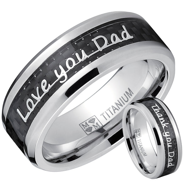 Men's Titanium Ring Band Love you Thank you Dad Father's Day Carbon Fiber Inlay