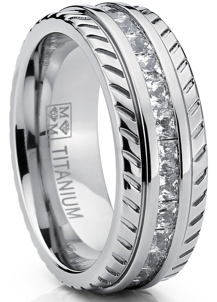 Men's Titanium Wedding Band, Engagement Eternity ring, Chevron design  W/ Princess Cut Cubic Zirconia CZ