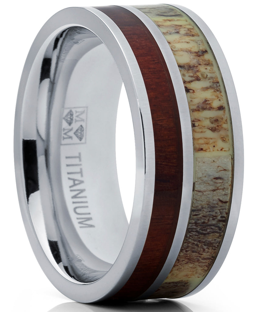 Men's Titanium Ring Wedding Band with Real Antler and Koa Wood Inlay, Outdoor Hunting, comfort fit 8 to 13