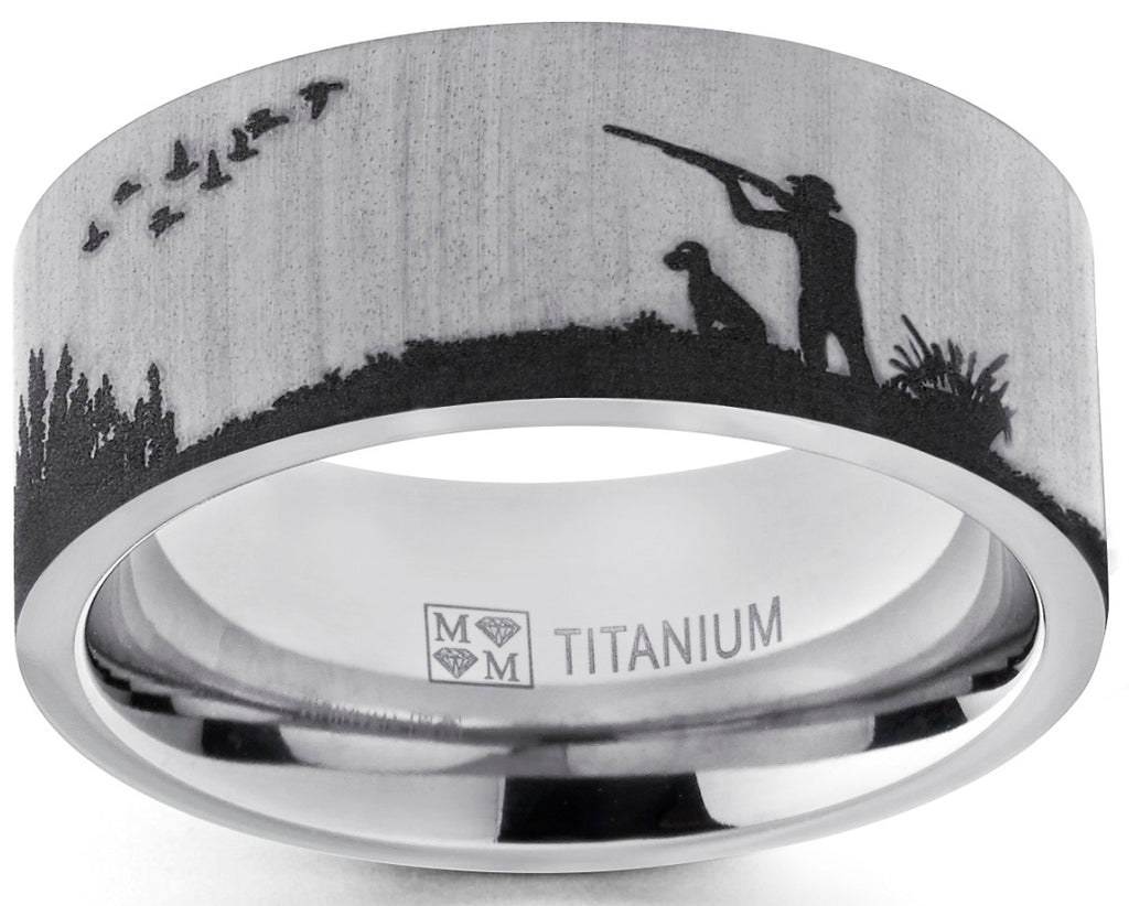 Men's Titanium Ring Wedding Band with Laser Etched Bird Duck Hunting Outdoor Ring, Comfort Fit 9mm