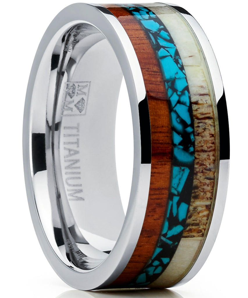 Men's Titanium Ring Wedding Band with Real Deer Antler, Koa Wood and Turquoise Inlay, Outdoor Hunting