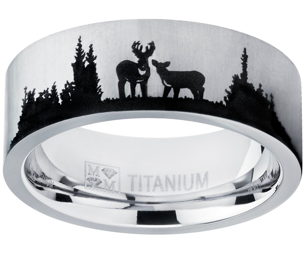 Men's Outdoor Hunting Titanium Ring Wedding Band with Laser Etched Deer Stag Scene 8mm
